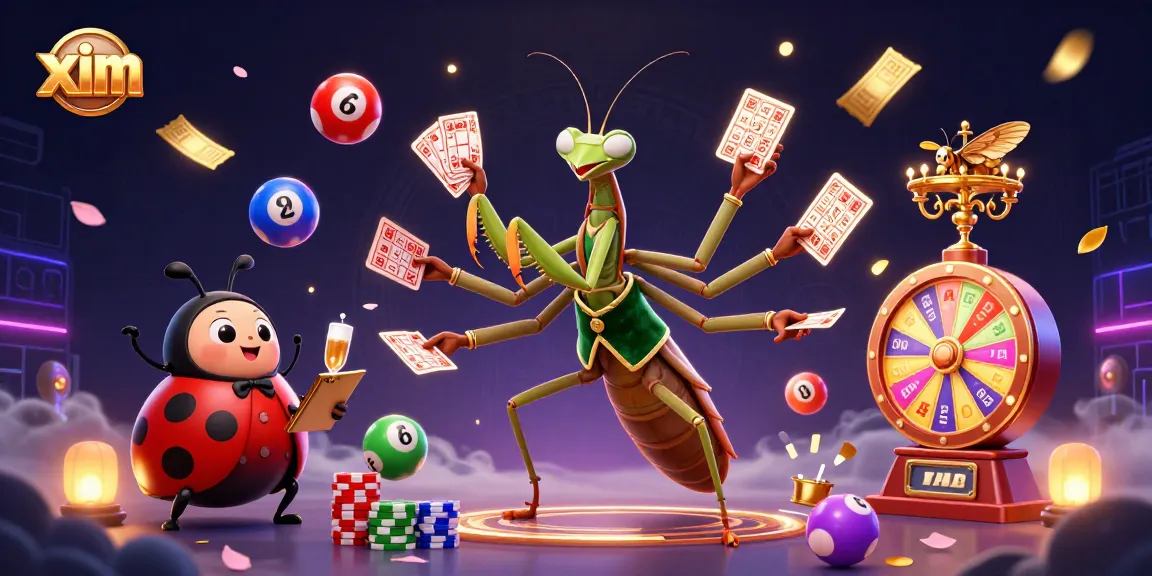 Xim showcases exciting lottery action with a card-shuffling mantis, pit boss ladybug, and vibrant game elements.