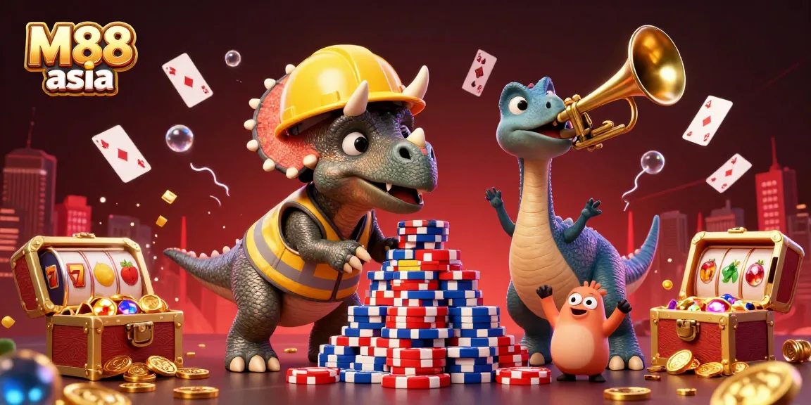 This vibrant scene captures M88 asia where a triceratops builds poker chips, celebrating with a festive parasaurolophus amidst casino elements.
