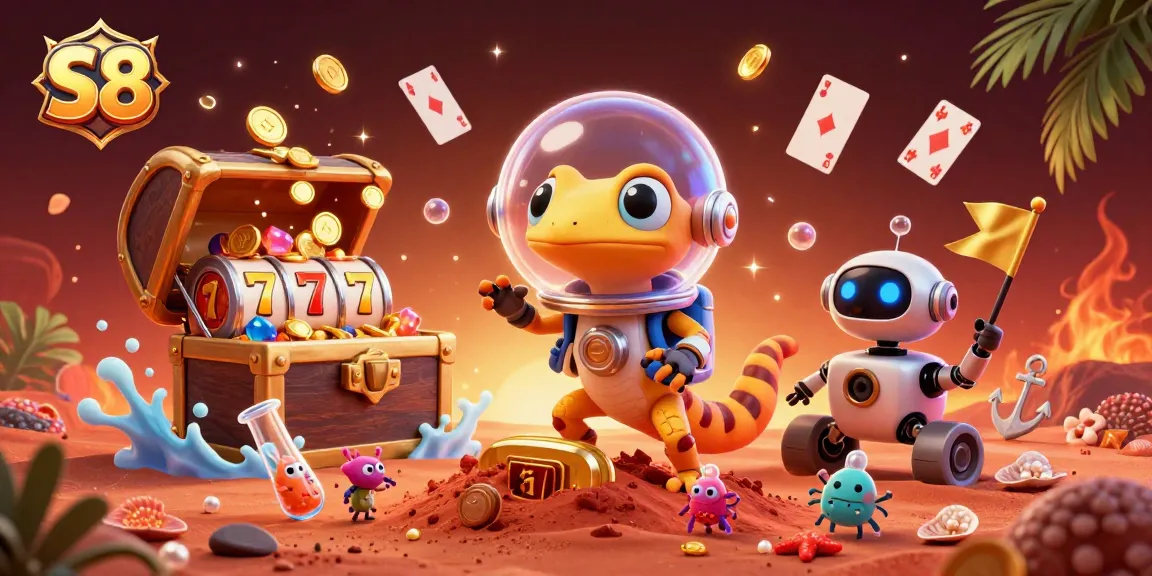 S8 players diving into an exciting casino experience with golden treasures and vibrant slot reels
