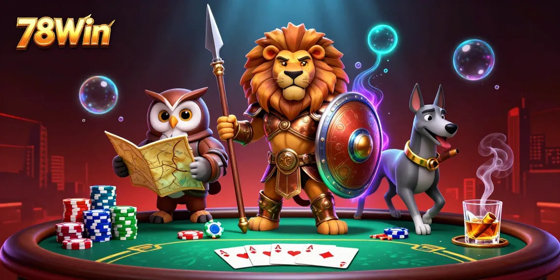 Engage with the thrilling world of 78Win - Play poker with an epic Spartan lion and owl strategist.