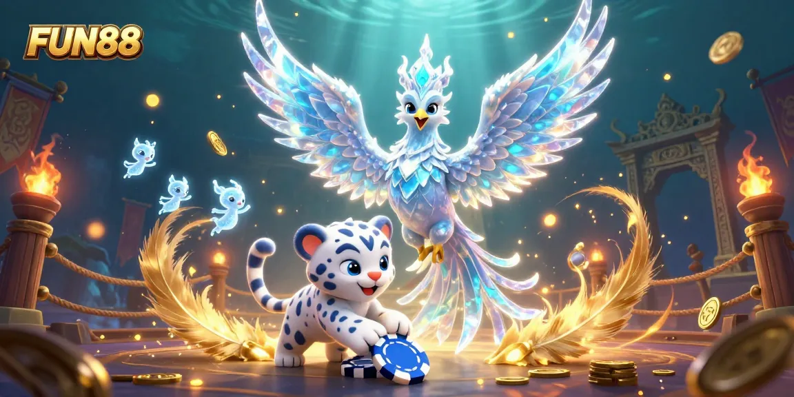 Engage at FUN88 with a dazzling 3D illustration of an ice phoenix and casino elements.