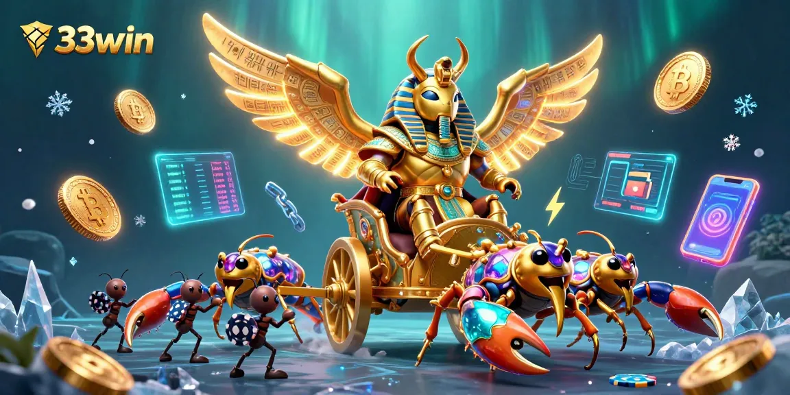 Engage with 33win's thrilling casino adventure featuring a golden scarab beetle in a vibrant digital illustration.