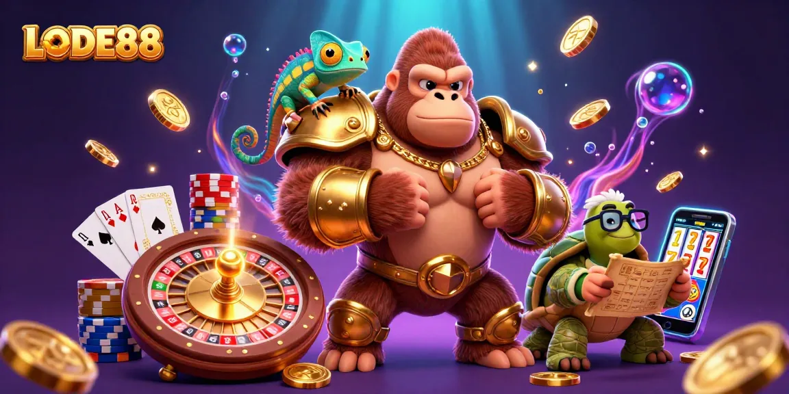 Experience the thrill of LODE88 with this dynamic 3D casino illustration featuring vibrant characters and game elements.