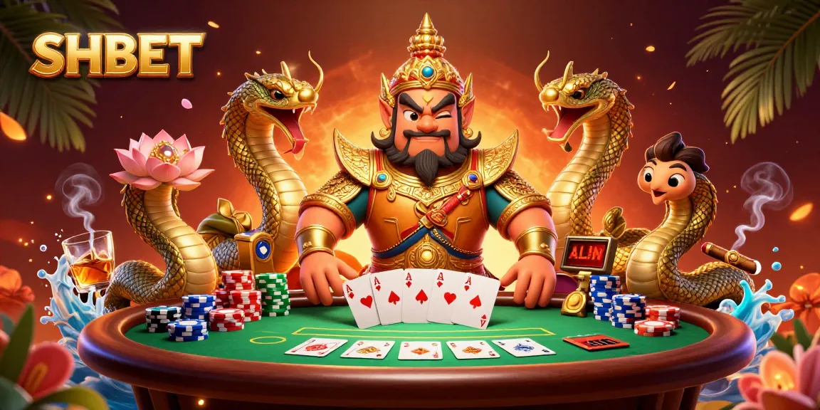 Engage with SHBET while enjoying an ultra-detailed casino scene featuring a 3D yaksha guardian and dynamic poker elements.