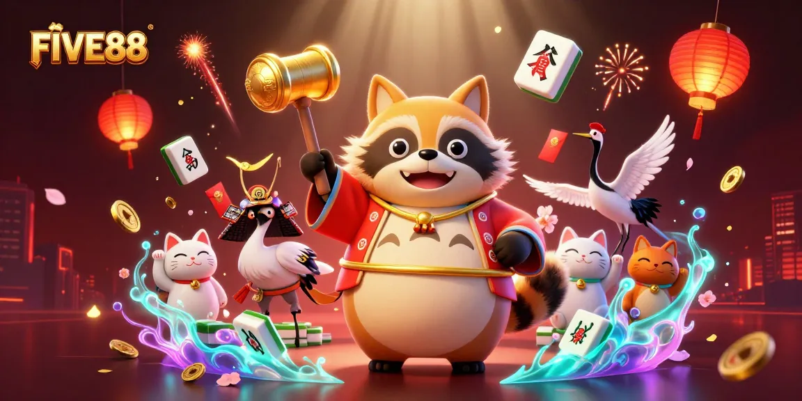 Celebrate wins at FIVE88 with vibrant casino-themed illustration featuring fortune cats and festival motifs.