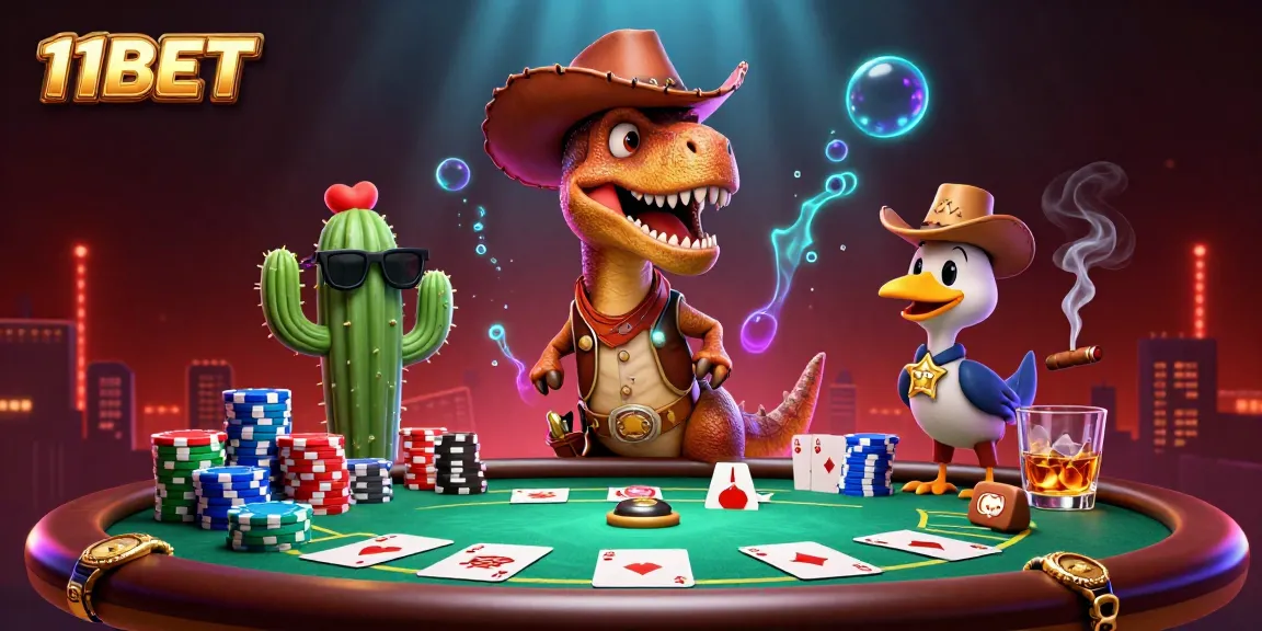 11BET showcases a vibrant poker scene with characters engaging in casino excitement, stacking chips and playing cards.
