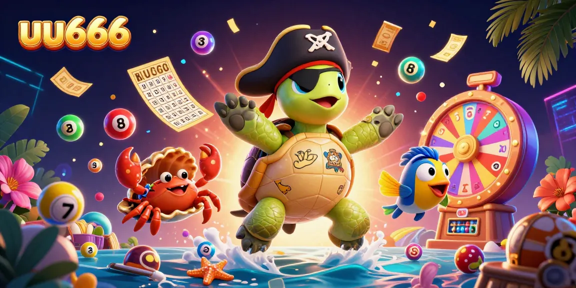 Win jackpots at uu666 with a vibrant 3D beach scene filled with colorful lottery elements.