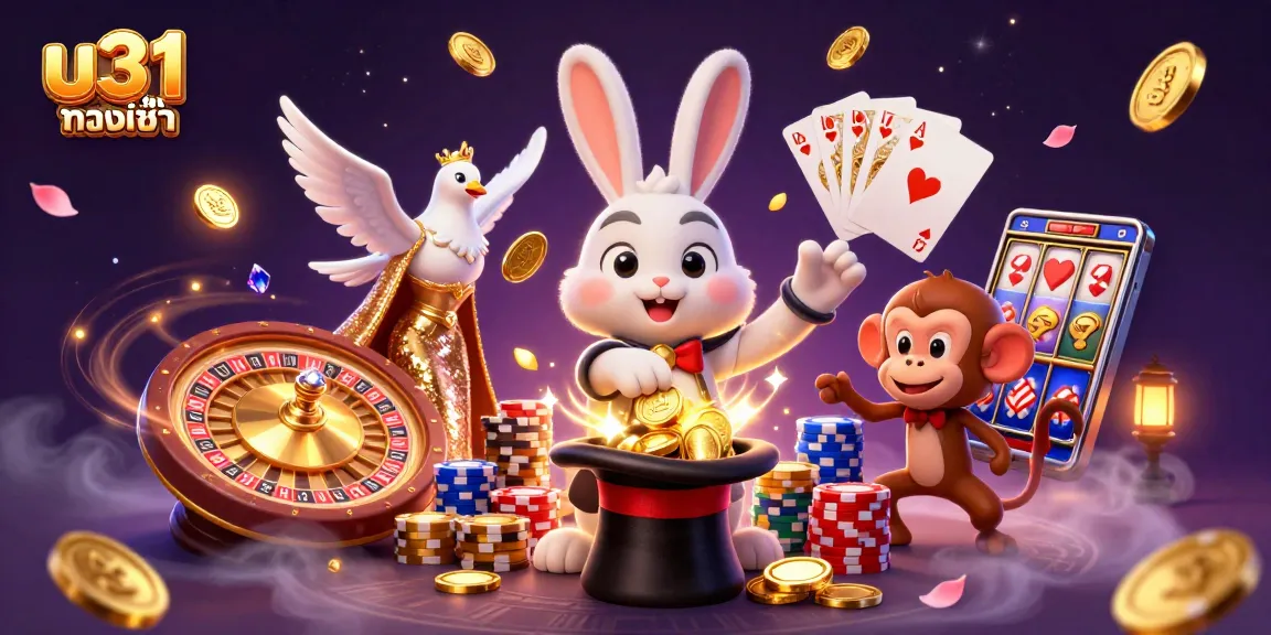 การแสดงความสนุกสนานใน u31 slot ทางเข้า โดยนักมายากลกระต่ายจับเหรียญทอง และสัญลักษณ์เกมคาสิโน