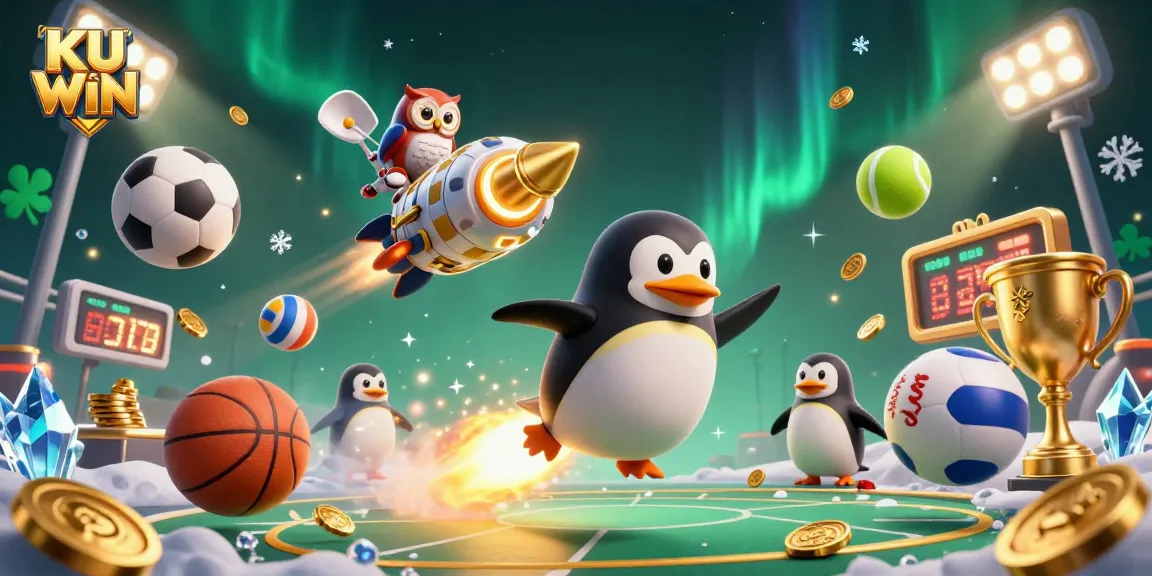 Experience thrilling gameplay at KU WIN with a golden penguin soaring to a casino adventure filled with excitement and winning opportunities.